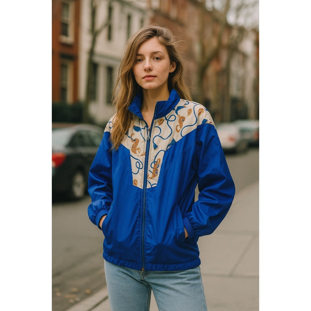 Casual Isle Windbreaker Jacket Vintage 90s S Royal Blue Gold‎ Polyester Full Zip